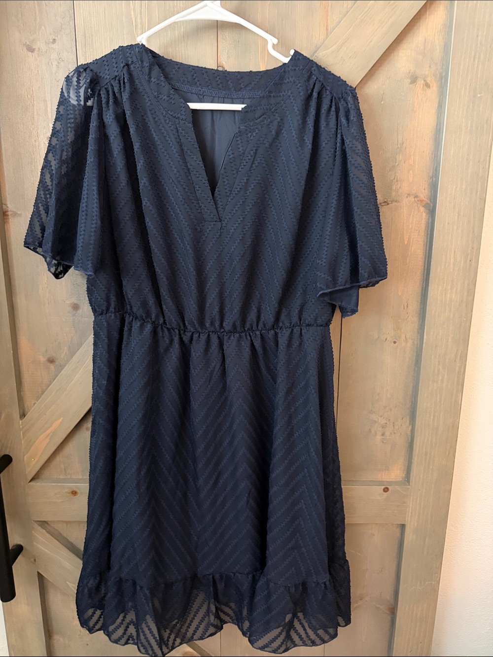 SHEIN Navy Textured V-Neck Midi Dress with Flutter Sleeves